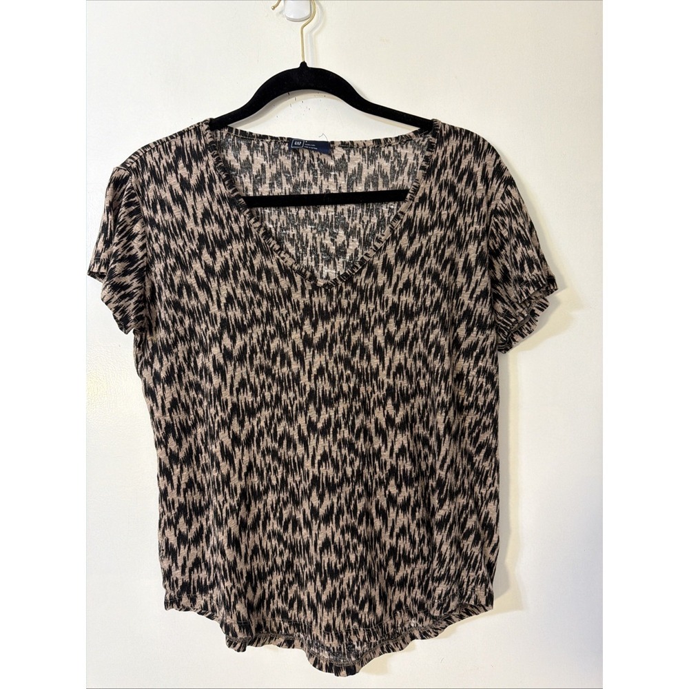 Gap Top Womens Size S Short Sleeve Black Beige Linen Semi Sheer Shirt V Neck